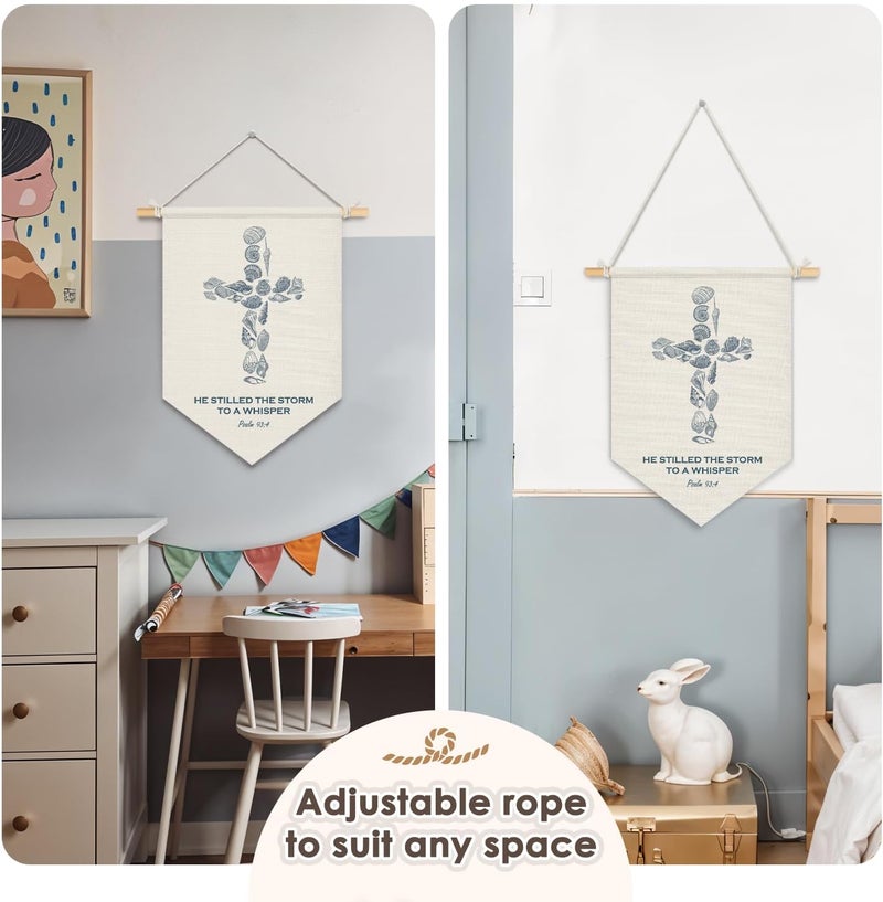 Wheatwin Christian Ocean Nursery Decor, Coastal Seashell Cross Bible Verse Wall Hanging Pennant Flag Banner, Ocean Wall Decor for Kids Nursery Toddler Room Bedroom Playroom 15x11 Inch - Image 5